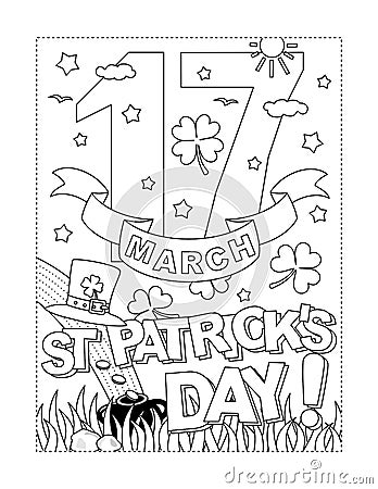 St Patrick`s Day 17th March calendar sheet, coloring page, poster, sign or banner black and white activity sheet Vector Illustration